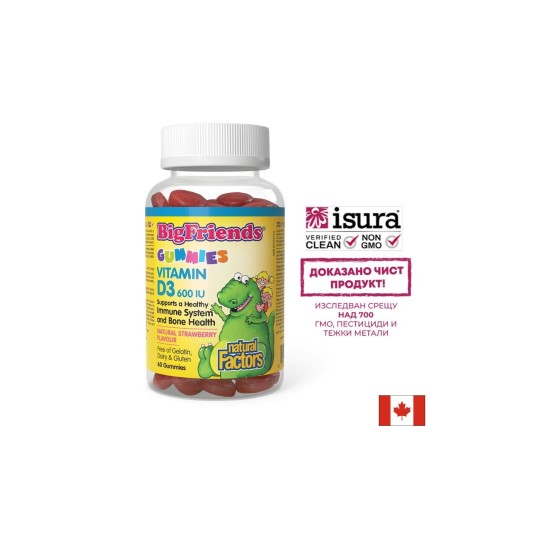Витамин D3 Гъми за Деца - Big Friends, 600 IU, 60 желирани таблетки с вкус на ягода Natural Factors
